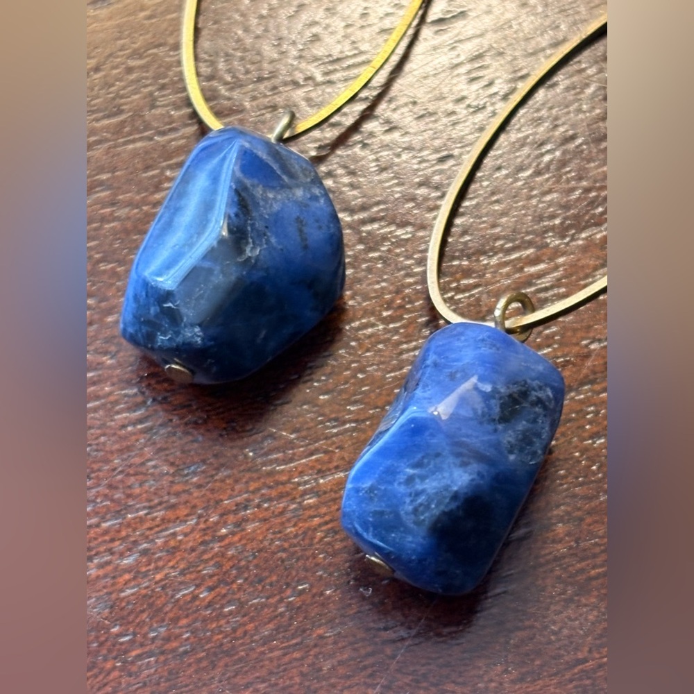 Blue Sodalite Stone Drop Earrings with Brass Hoops - Picture 3 of 7